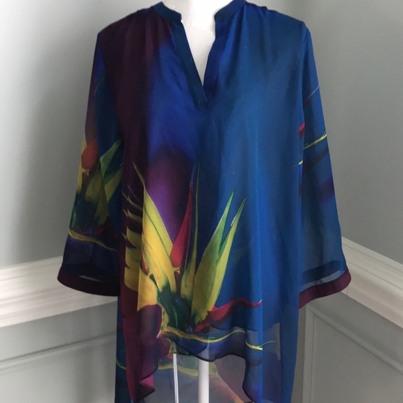 Jade Tops - Jade Marine Blue Bird of Paradise Hi Lo Tunic S/M